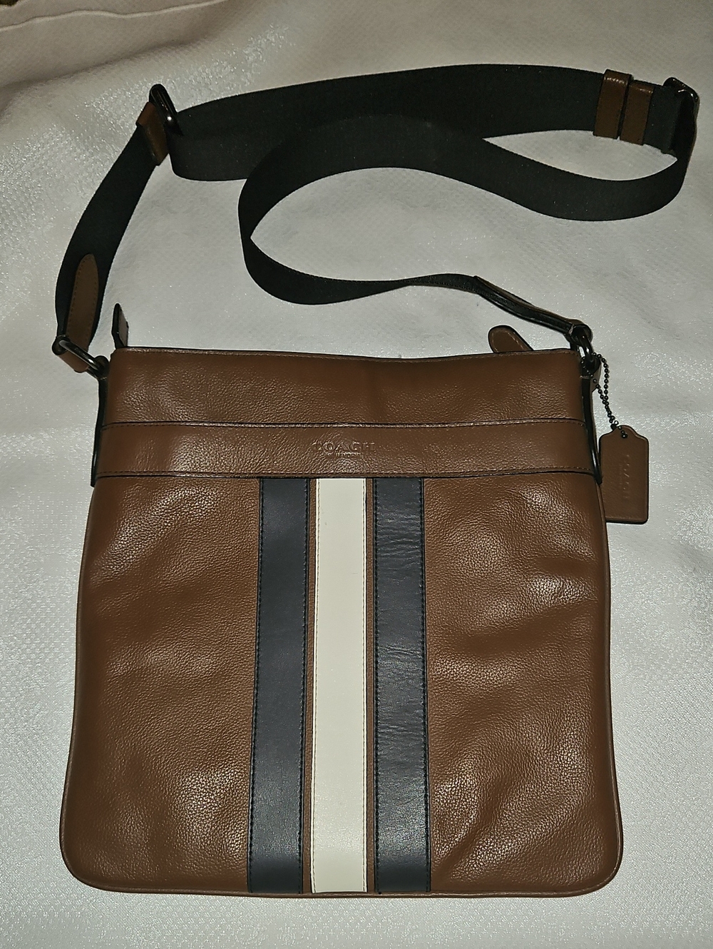 Coach Charles Brown Leather Messenger Bag with Navy and Cream Stripes Some Wear